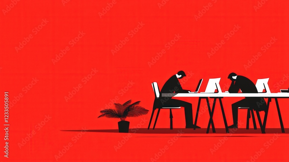 Poster two people working in a modern office setting with bright red background and minimalist design eleme