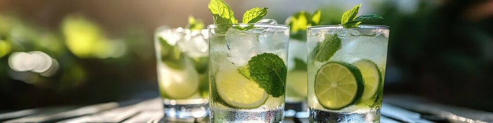 Fototapeta premium Fresh mojito cocktail, vibrant green mint leaves, sliced limes, ice cubes, blurred tropical background, sunlit bar scene, refreshing summer drink, crystal clear glass, panoramic view, citrus garnish, 