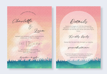 Obraz premium Watercolor Flower Field Wedding Card Set Elegant Nature Scene For Rustic Wedding
