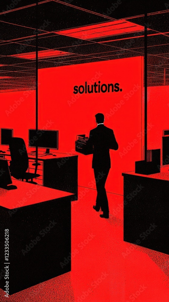 Poster businessman walking towards solutions wall in an abstract red office environment with computers and 