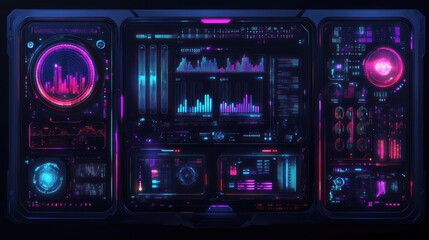 Obraz premium Futuristic control panel displays data; dark room background; tech concept
