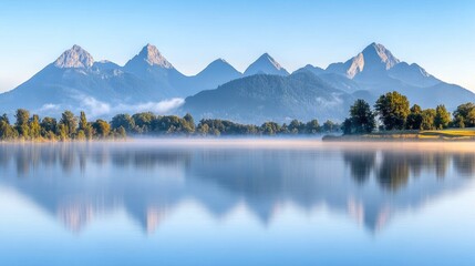 Serene sunrise over misty lake reflecting majestic mountains; ideal for travel brochures