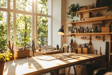 Obraz premium Sunlit Artisans Workshop With Tools And Wood