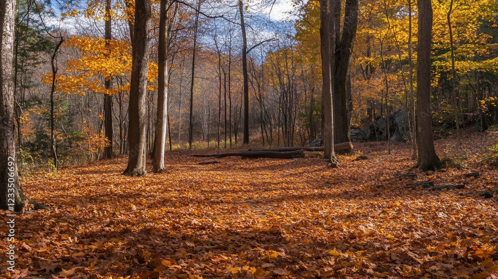 Poster autumn leaves carpet the forest floor in a vibrant display of fall colors and bare tree trunks