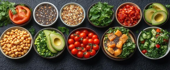 Fototapeta premium Overhead View of Colorful Bowls of Fresh Food Ingredients