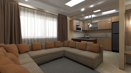 Modern studio apartment interior design with L-shaped sofa and kitchenette.