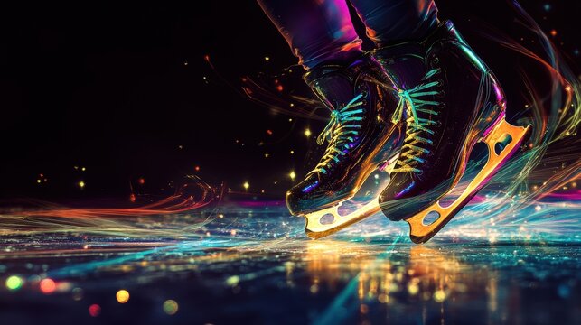 Closeup of glowing skater feet in ice-skating boots shoes with blade on ice surface.