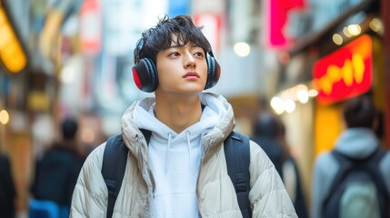 Young Man Listening to Music in a Bustling City Street