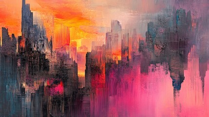Fototapeta premium Abstract Cityscape Painting Sunset Hues