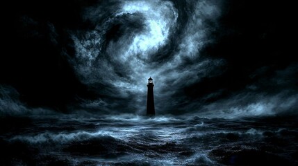 Lone Lighthouse in a Dark Stormy Sea at Night