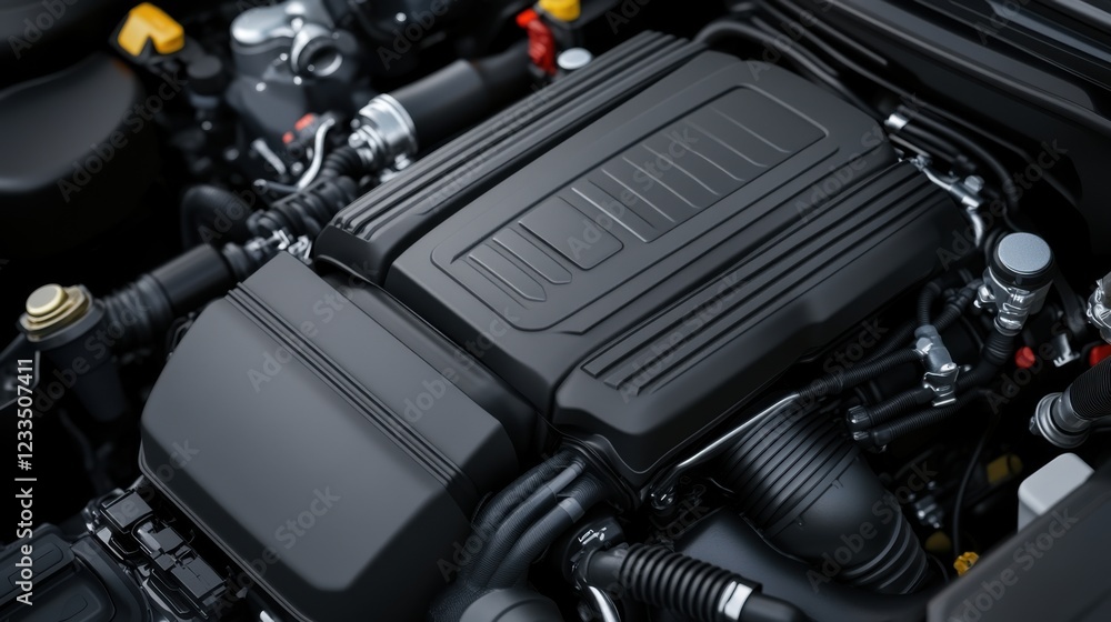 Poster detailed close-up of a modern engine component with sleek black finish and intricate mechanical desi