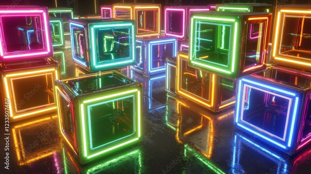 Aufkleber neon cubes abstract digital art: vibrant colors and reflective surfaces create a mesmerizing display