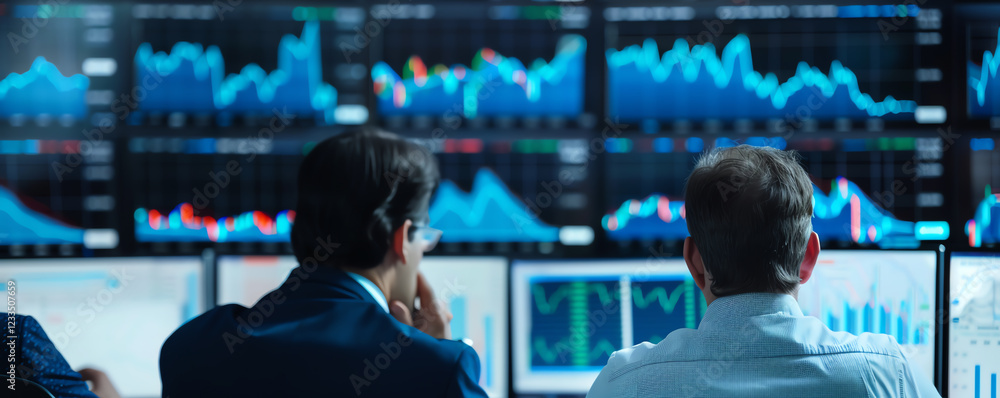 Poster professionals analyzing financial data on multiple monitors in a modern office environment