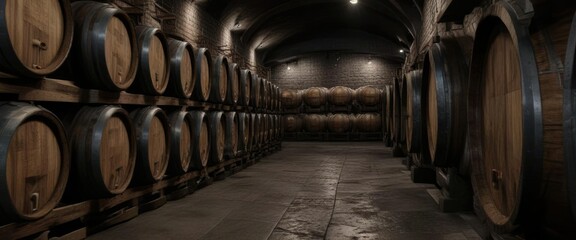 Rows of wooden wine barrels aging in a cool, dark cellar room, aging, fermentation, wooden, vintage