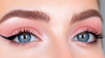 Obraz premium Close-up of woman's eyes with pink eyeshadow