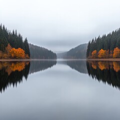 Obraz premium Quiet Autumn Landscape with Lake and Forest Reflecting in Still Water under Foggy Sky