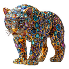 Obraz premium Stunning Shiny Gold Sculpture of a Colorful Cougar Adorned with Gems and Intricate Design Elements
