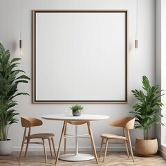 Small coffee table, empty picture frame in corner of modern room.