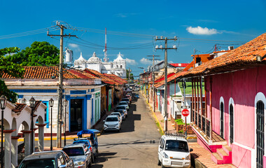 Cityscape of Leon with traditional colonial architecture. Nicaragua, Central America