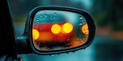 car side mirror, water droplets, rain, bokeh lights, reflections, teal background, nighttime, urban setting, macro photography, condensation, moody atmosphere, street lights, cinematic, high contrast
