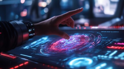 A professional presenting data on a holographic interface during a business meeting in a futuristic boardroom