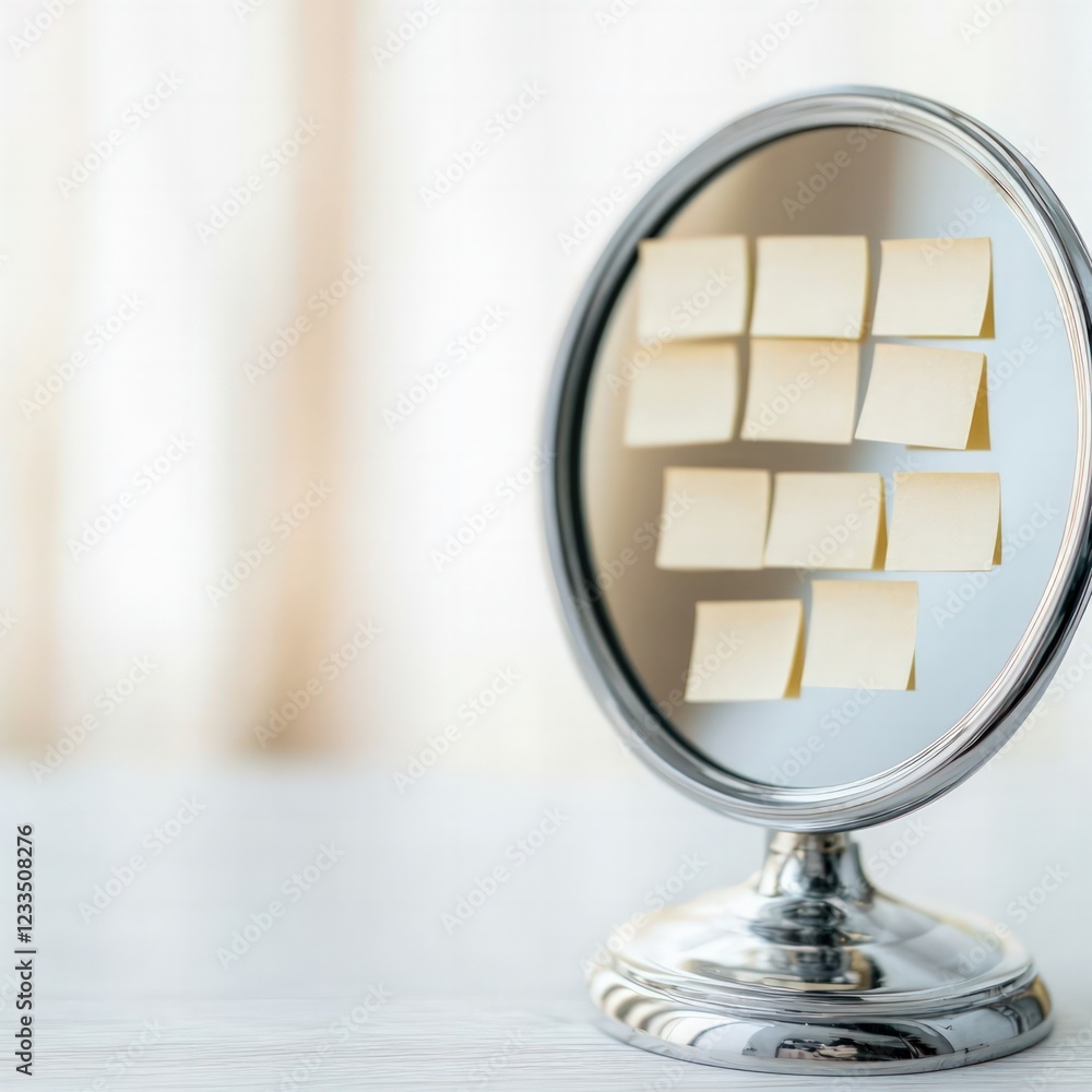 Poster reflection of a round mirror with sticky notes for organization and planning in minimalist workspace