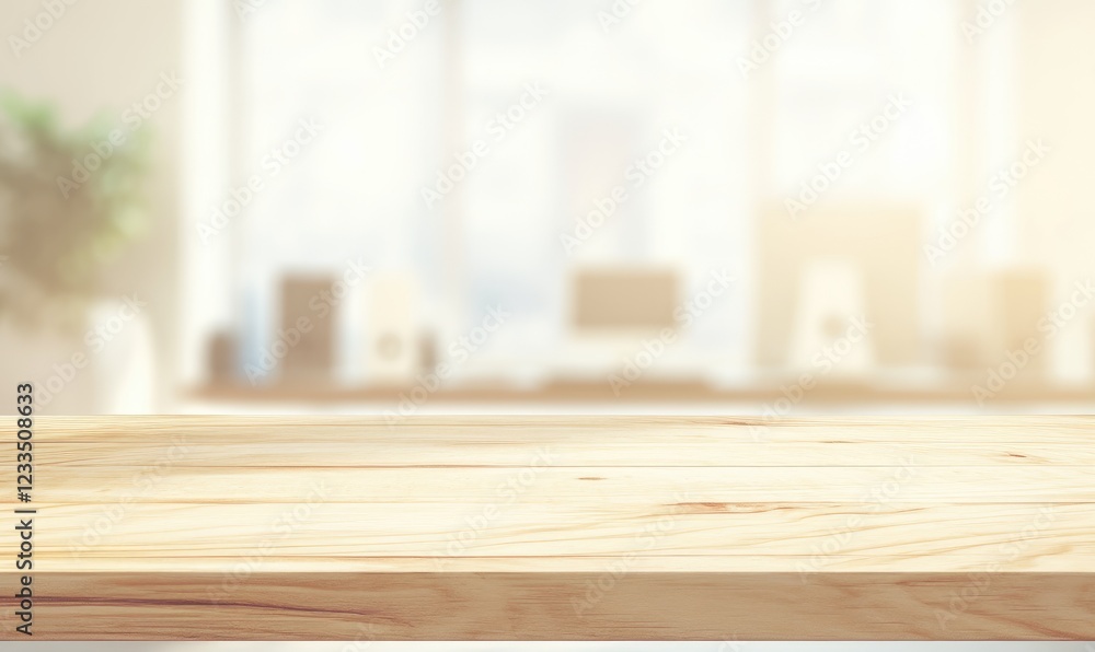 Poster A light wooden table surface with subtle grain patterns, placed against a blurred modern office background. Perfect for product presentation or workspace themes