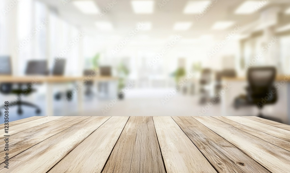 Poster a rustic wooden table with natural textures set against a softly blurred modern office background. i