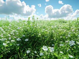 A vibrant field of flowers under a bright blue sky with fluffy clouds.