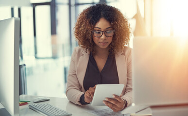 Real estate website, tablet or businesswoman in office for research, online opportunity or listing...
