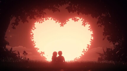 Lovers Silhouette Heart Shaped Sunset Romantic Scene