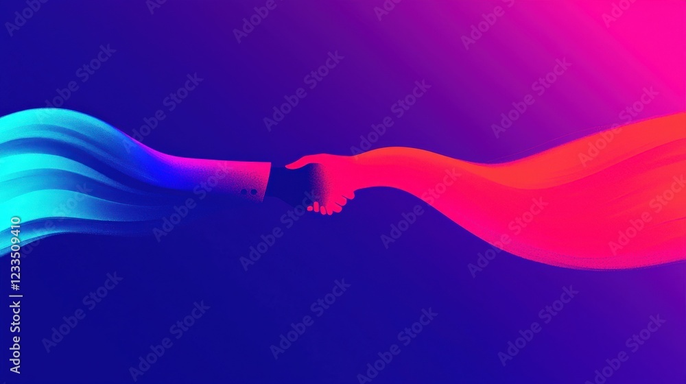 Poster abstract representation of two hands shaking in vibrant colors signifying partnership and connection