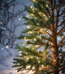 Pine needles and branches of a Christmas tree decorated with fairy lights on a snowy background, snow-covered trees, fairy lights, pine branch