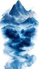 Fototapeta premium traditional blue and white abstract mountains illustration poster background