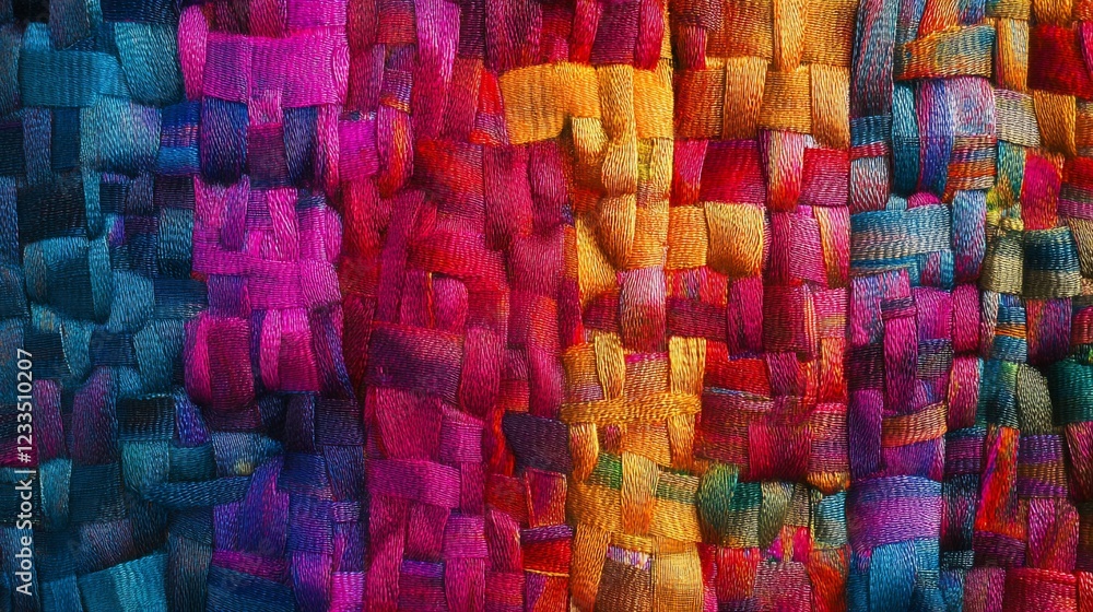 Poster abstract multicolored woven pattern with vibrant hues and intricate textures of various fibers