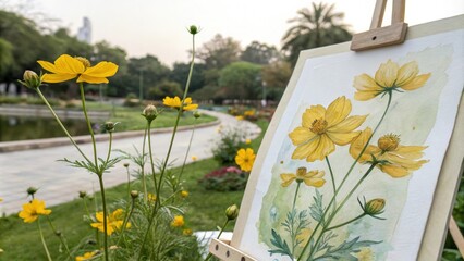 Painted watercolor of yellow cosmos flowers in a whimsical garden scene, fantasy, cosmos