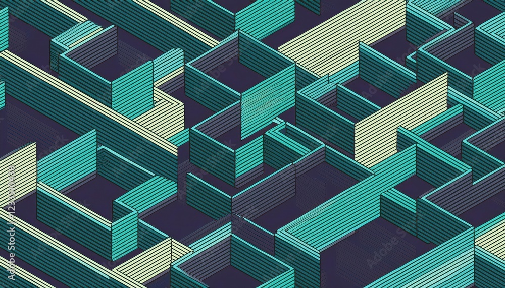 Poster dynamic isometric lines geometric pattern striking 3d cubes vector tiling background, representing m