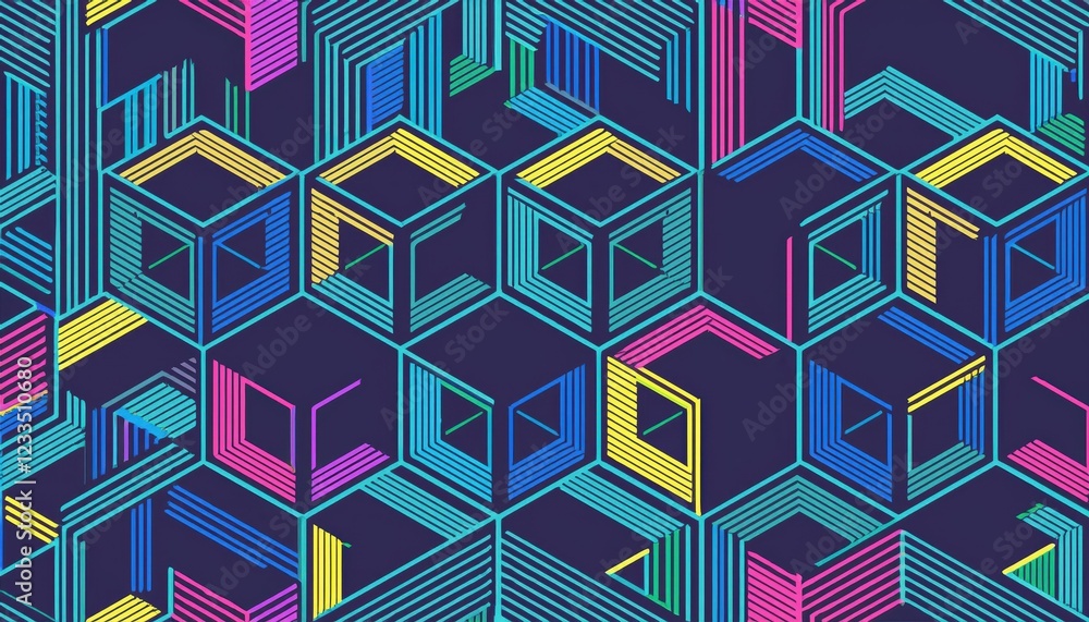 Poster vibrant geometric isometric pattern 3d cubes and architectural details in a seamless tiling backgrou