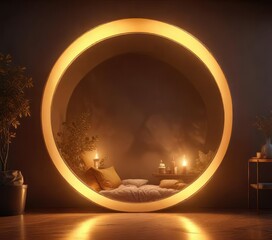 Soft, rounded circular shape with warm, golden hues and a cozy atmosphere, soft, calming, comforting