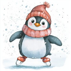 Cute penguin ice skate cartoon style