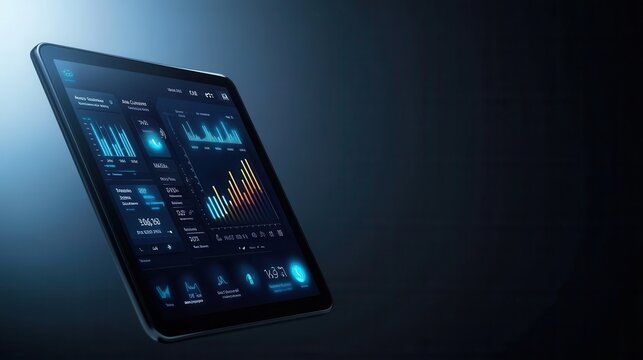 Futuristic Digital Tablet Displaying Advanced Data Analytics and Graphical User Interface on Dark Background