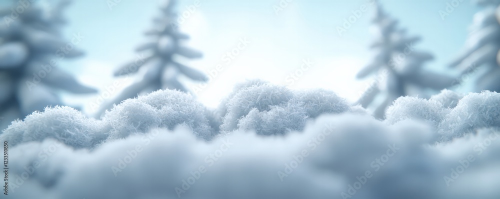 Poster serene winter landscape of soft snowy clouds and pine trees in a tranquil setting