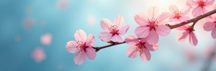 Soft pink blossoms dance in warm breeze on gentle branch, suspended above blue horizon, spring bloom, warm colors, serene