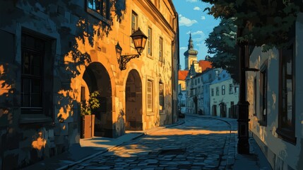 Obraz premium Sunrise cobblestone street, European city, church background, travel guide
