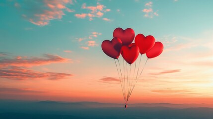 Obraz premium Red Heart Balloons Soaring Above Sunset Mountains
