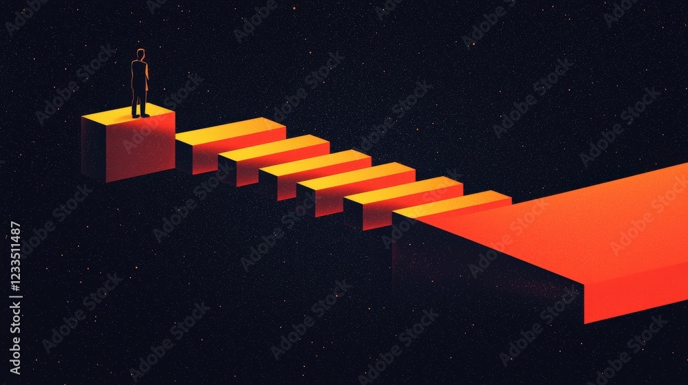 Poster person standing on an abstract platform with colorful steps leading into the unknown in a cosmic bac