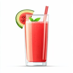 A refreshing watermelon and mint smoothie in a tall glass, isolated white background, minimalistic art style