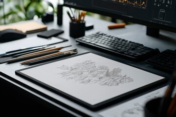 Obraz premium Artist Sketching Nature Landscape On Digital Drawing Pad