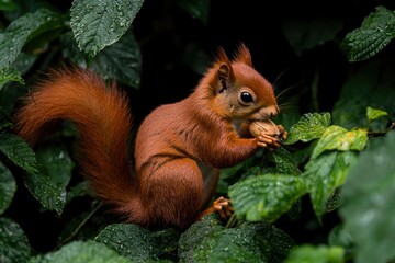 Red Squirrel Eating Nut Amidst Lush Green Foliage