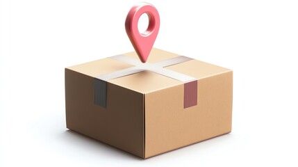 A 3D package delivery tracking icon with a GPS pin, online order fulfillment concept, isolated on white background